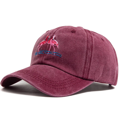 Flamingo Embroidered Washed Cotton Baseball Cap