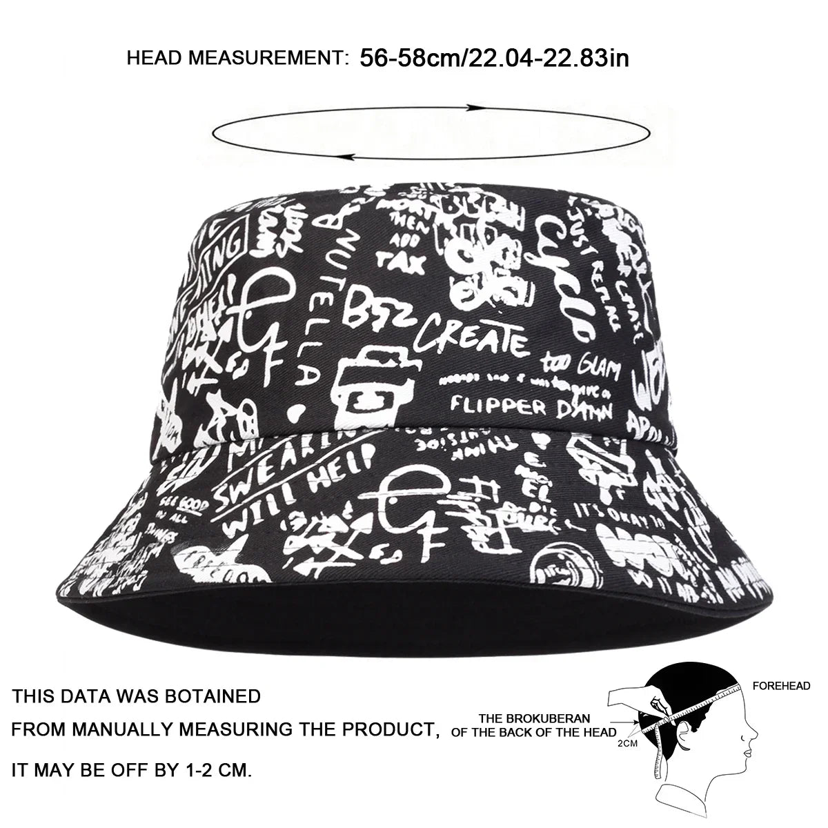 Unisex Black White Graffiti Casual Bucket Hat