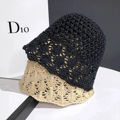 Women Breathable Crochet Straw Sun Bucket Hat