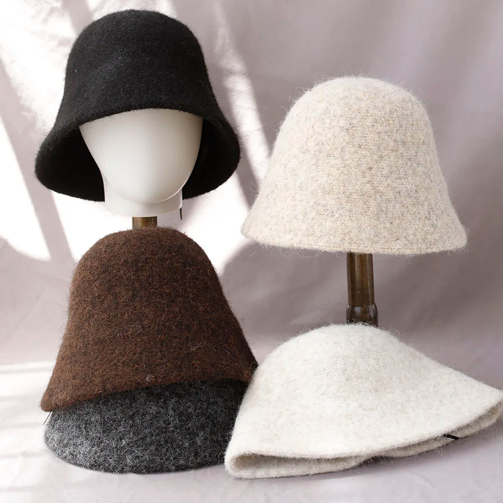 Vintage Wool Bucket Hat Women Fashion Fisherman Cap