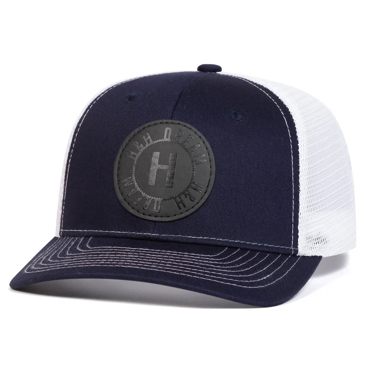 H Round Leather Patch Adjustable Mesh  Snapback Cap