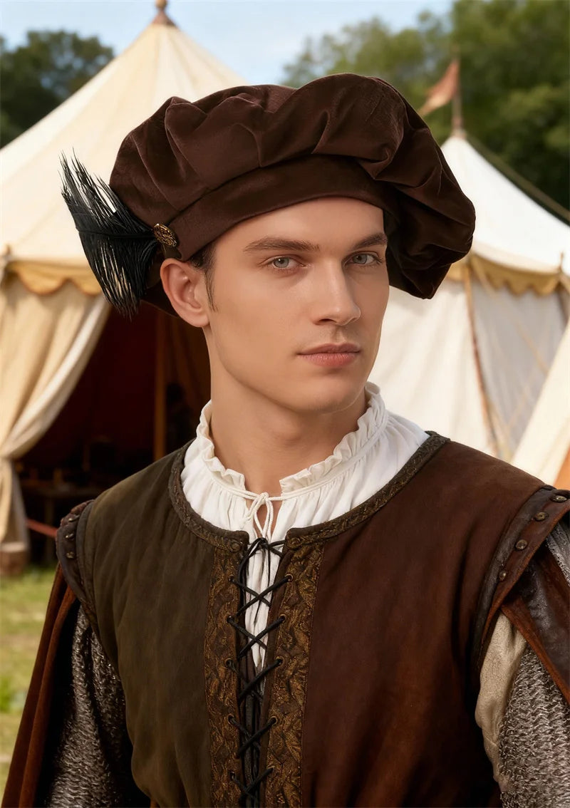 Quality Medieval Unisex Beret Hat With Feather Suede Tudor Hat