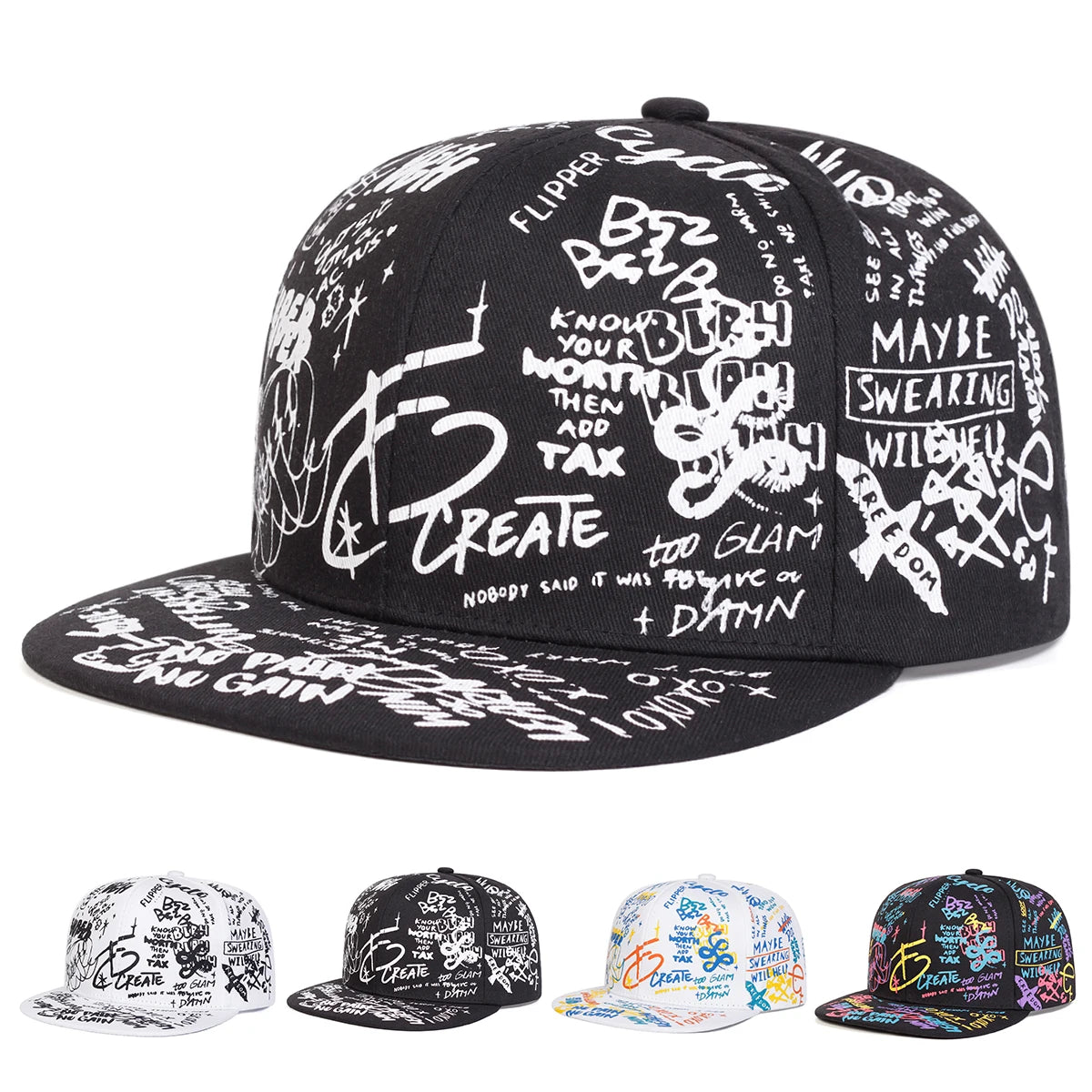 Black White Graffiti Print Snapback Cap