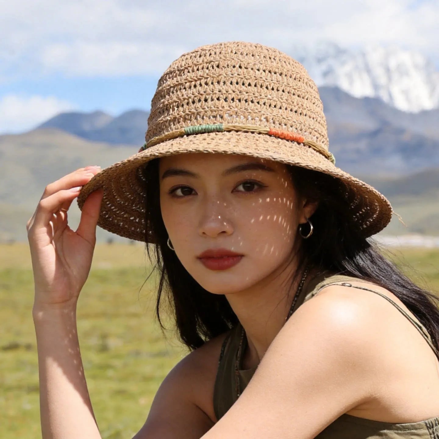 Women Wide Brim Crochet Straw Bucket Hat