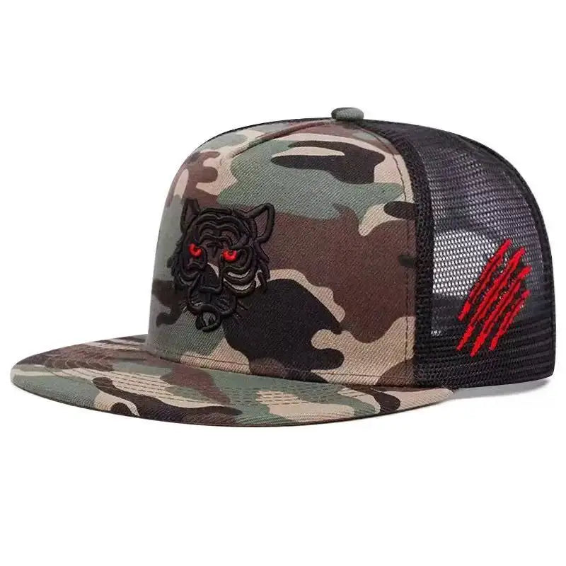 Black Tiger Embroidered Cotton Trucker Snapback cap