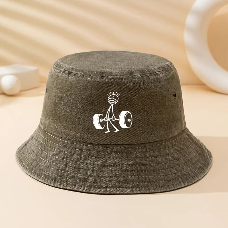Cartoon Weightlifting Print Outdoor Bucket Hat