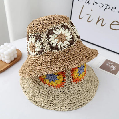 Women Foldable Straw Crochet Flower Bucket Hat