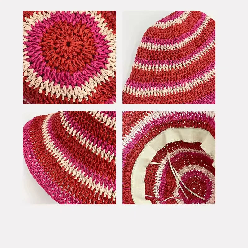 Striped Crochet Straw Beach Bucket Hat