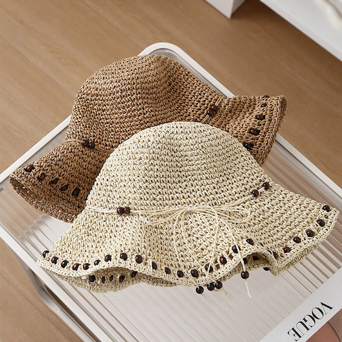1pc French Retro Black Beaded Design Straw Bucket Hats