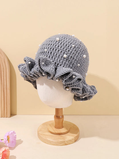 Women Vintage Pearl Crochet Ruffled Bucket Hat