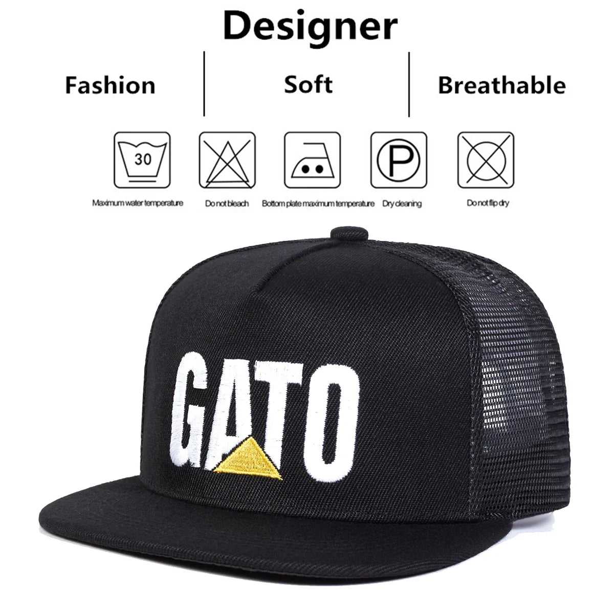 Gato Letter Embroidered Mesh Snapback Cap