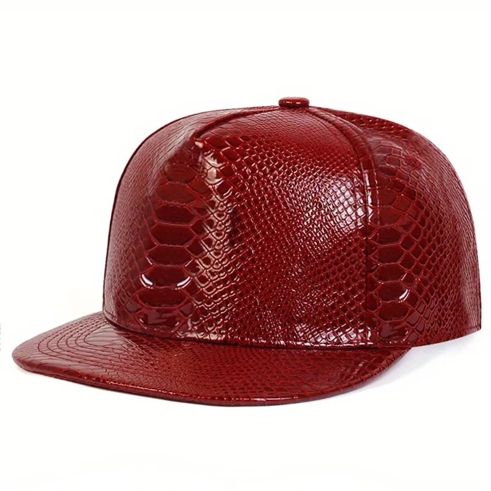 PU Leather Flat Brim Adjustable Hip Hop Snapback Cap