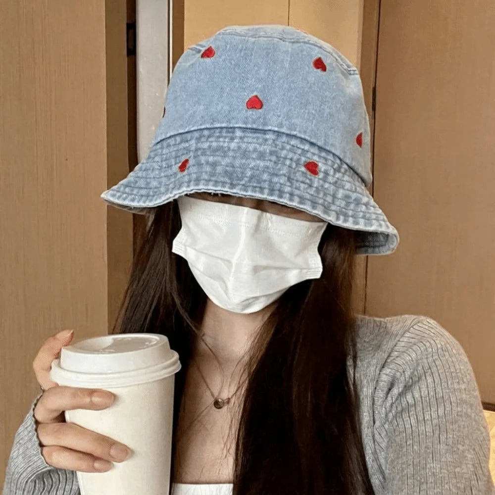 Trend Retro Denim Love Heart Embroidery Bucket Hat