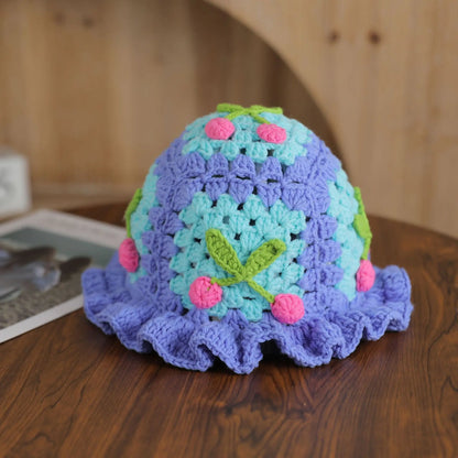 3D Cherry Crochet Ruffled Bucket Hat