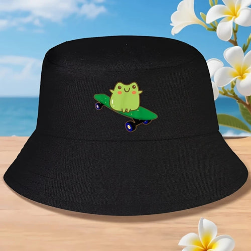 Funny Frog Skateboard Print Bucket Hat