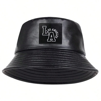 LA Letter PU Leather Bucket Hat