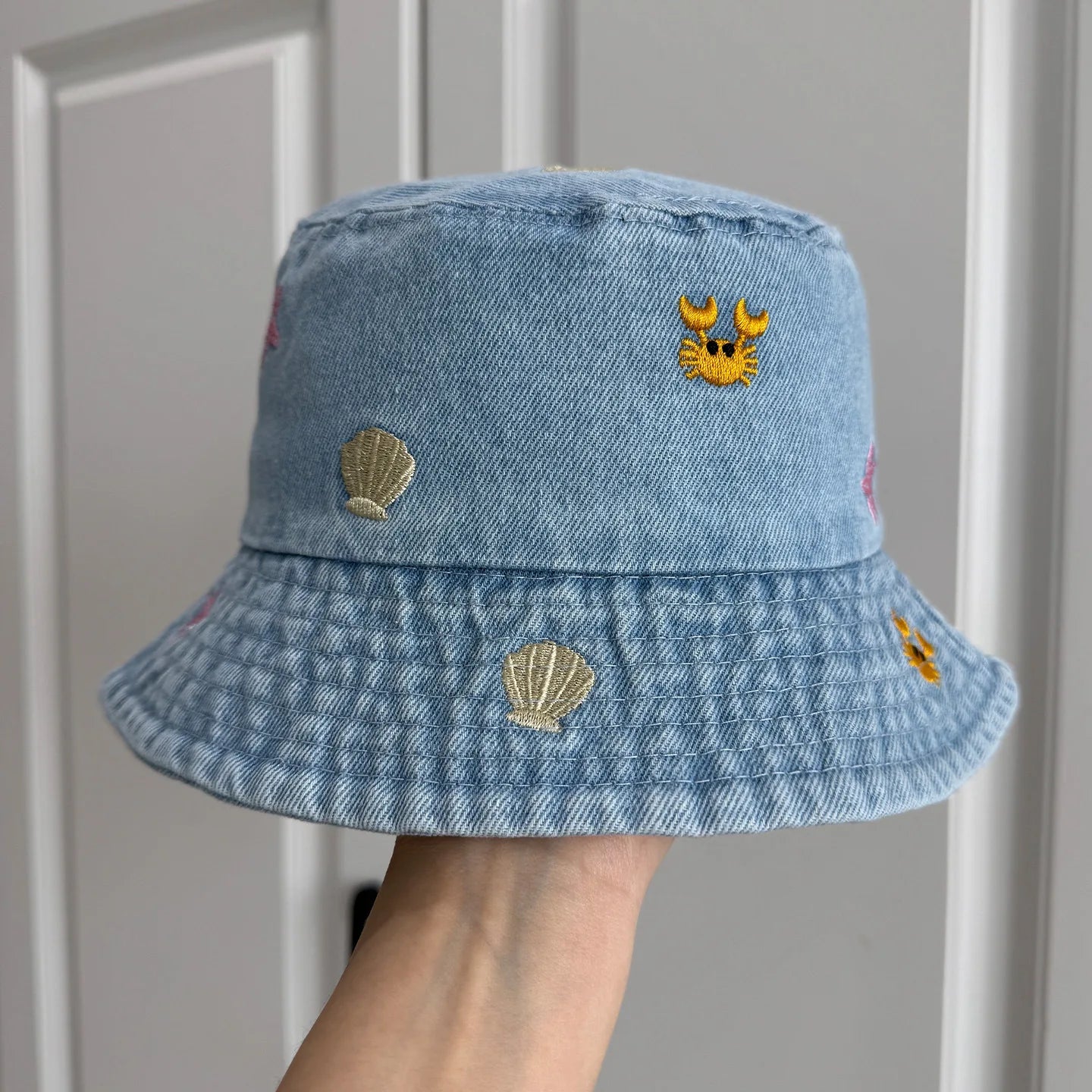 Sea Shell Embroidered Denim Bucket Hat