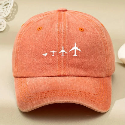 Retro Airplane Print Washed Baseball Cap Adjustable