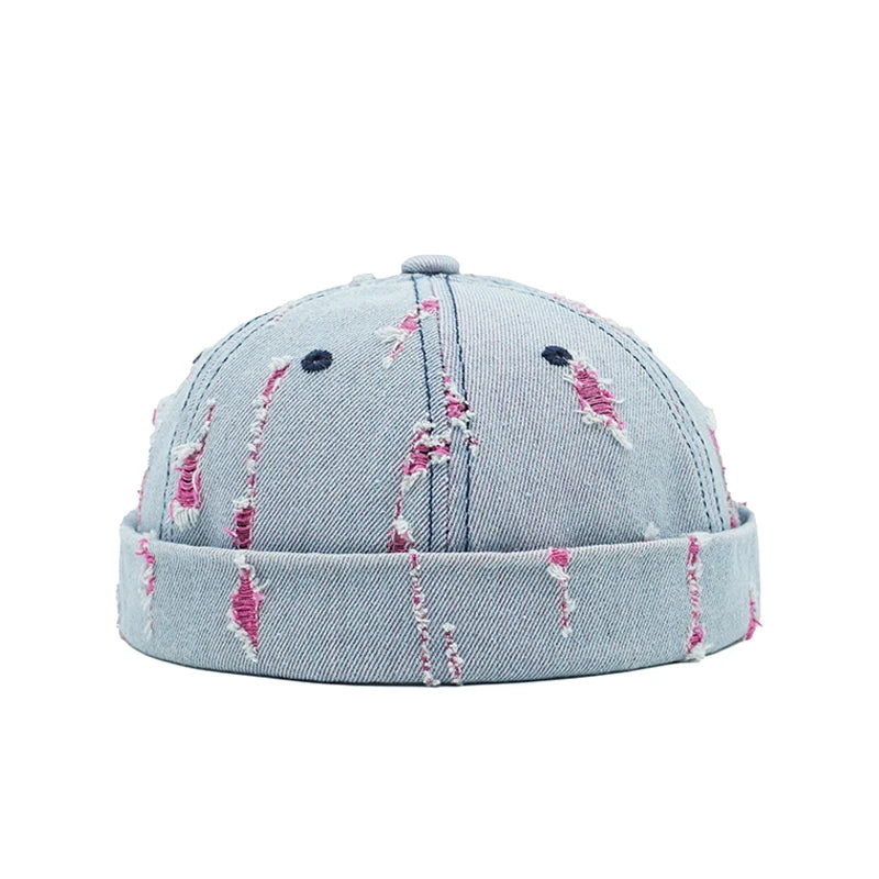 Tear Broken Denim Docker Cap Colorful Brimless Caps