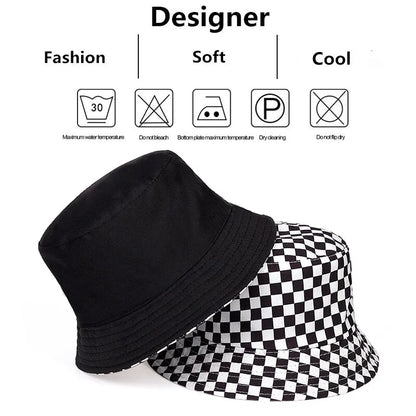 Unisex Black White Checkered Printing Personality Bucket Hats