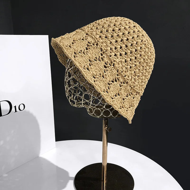 Women Breathable Crochet Straw Sun Bucket Hat