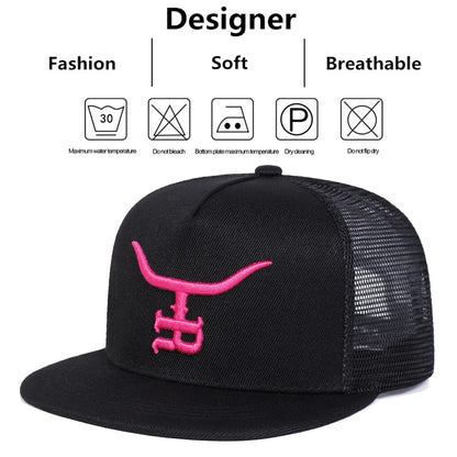 Unisex R Letter Bullhead Embroidered Mesh Snapback Cap