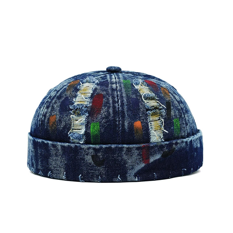 Tear Broken Denim Docker Cap Colorful Brimless Caps