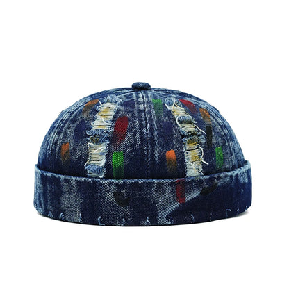 Tear Broken Denim Docker Cap Colorful Brimless Caps