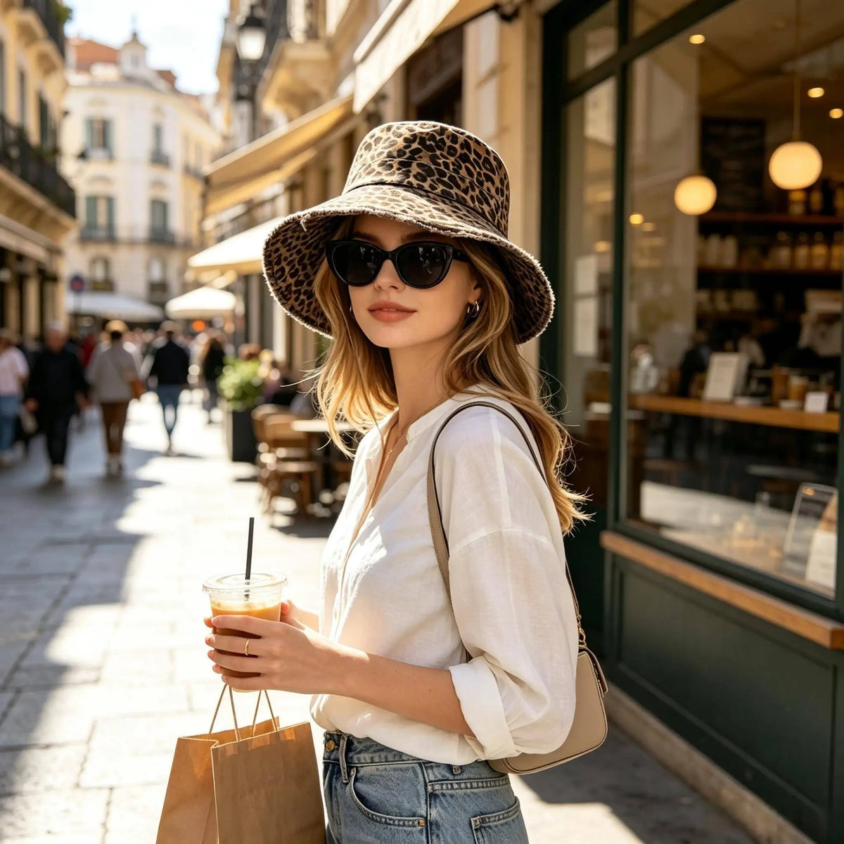 Leopard Print Drawstring Foldable Beach Bucket Hat