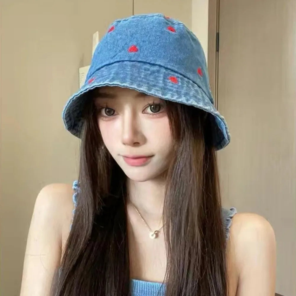 Trend Retro Denim Love Heart Embroidery Bucket Hat