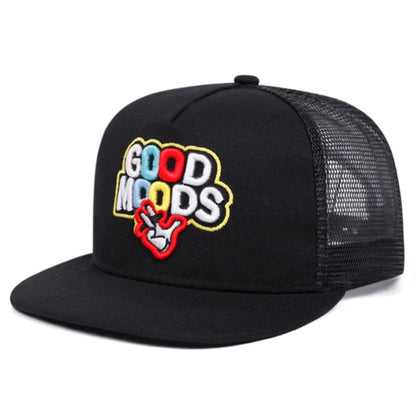 Unisex Flat Brim Letter Embroidered Mesh Snapback Cap