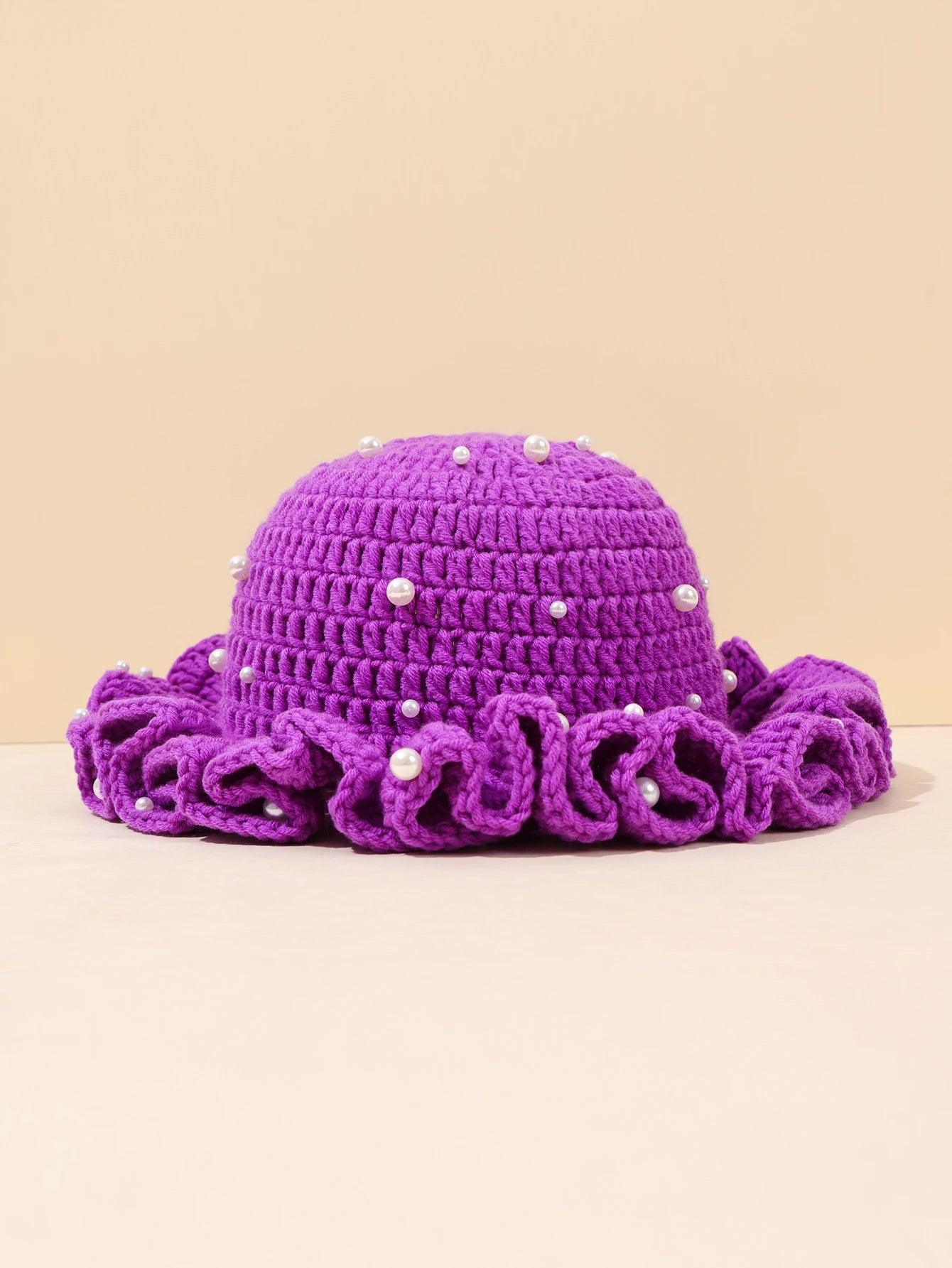 Women Vintage Pearl Crochet Ruffled Bucket Hat
