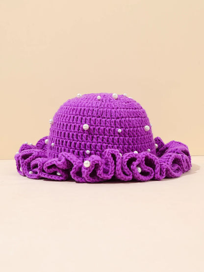 Women Vintage Pearl Crochet Ruffled Bucket Hat