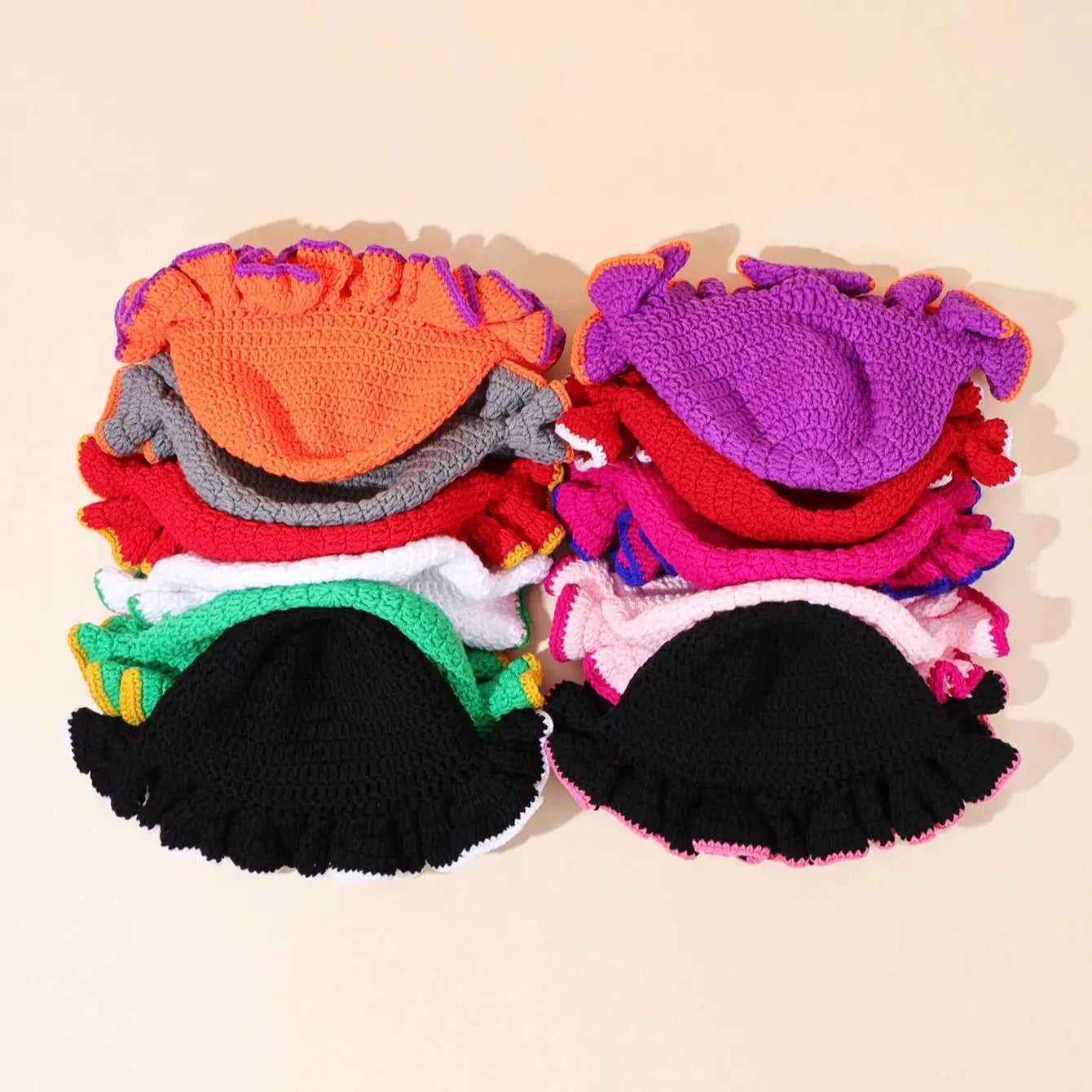 Women Multi Color Crochet Ruffle Fisherman Hat