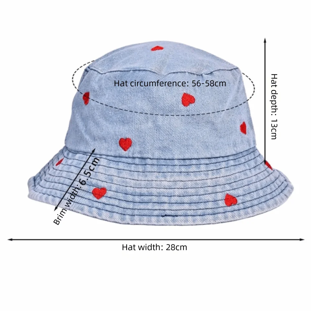 Trend Retro Denim Love Heart Embroidery Bucket Hat