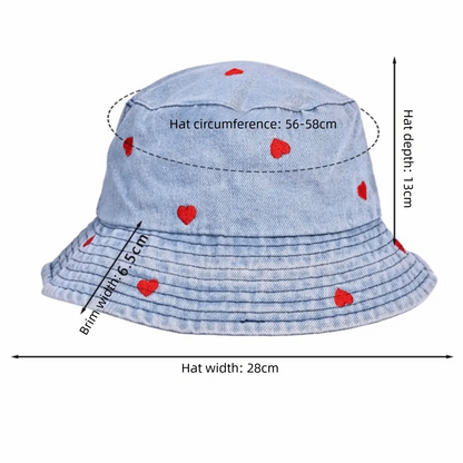 Trend Retro Denim Love Heart Embroidery Bucket Hat