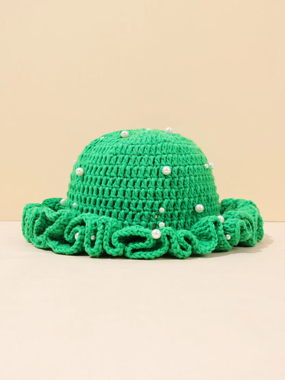 Women Vintage Pearl Crochet Ruffled Bucket Hat