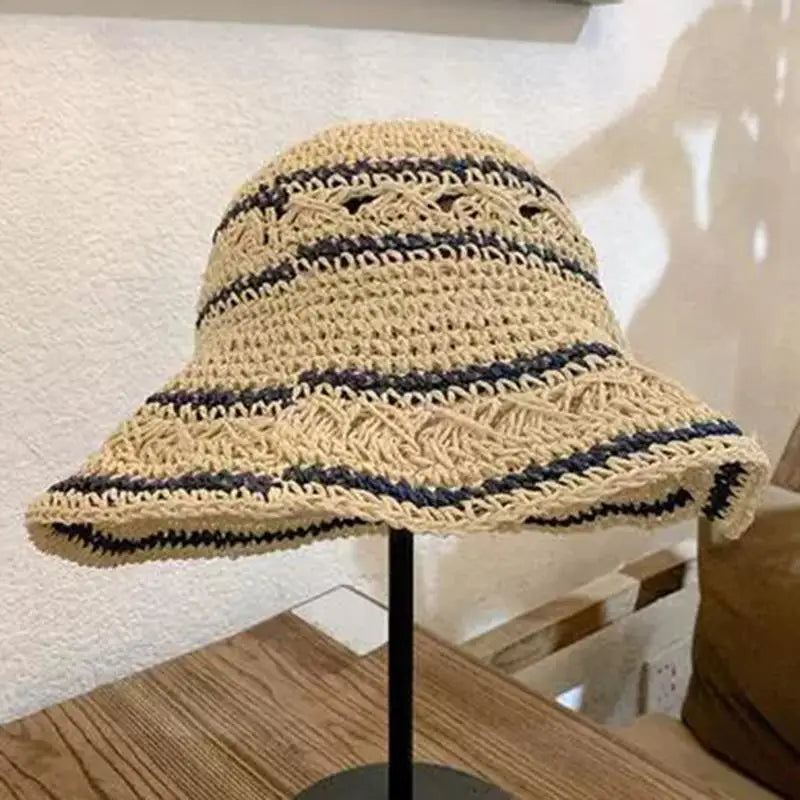 Striped Geometric Straw Bucket Hat
