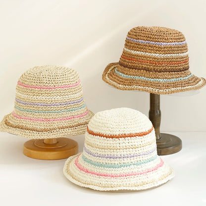 Y2K Colorful Stripe Straw Dome Bucket Hat