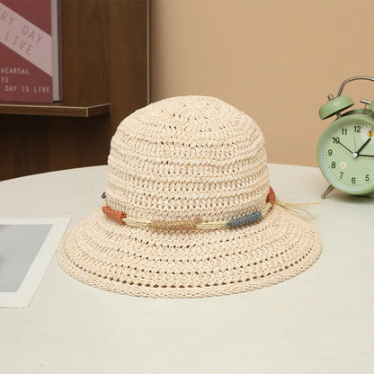 Women Wide Brim Crochet Straw Bucket Hat