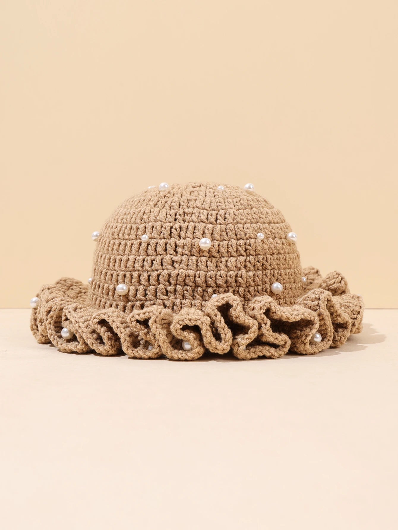 Women Vintage Pearl Crochet Ruffled Bucket Hat