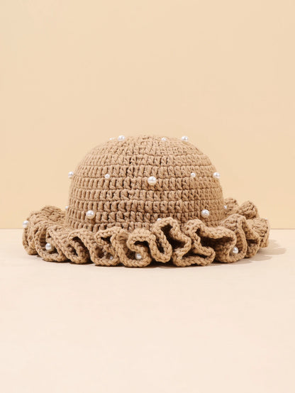 Women Vintage Pearl Crochet Ruffled Bucket Hat