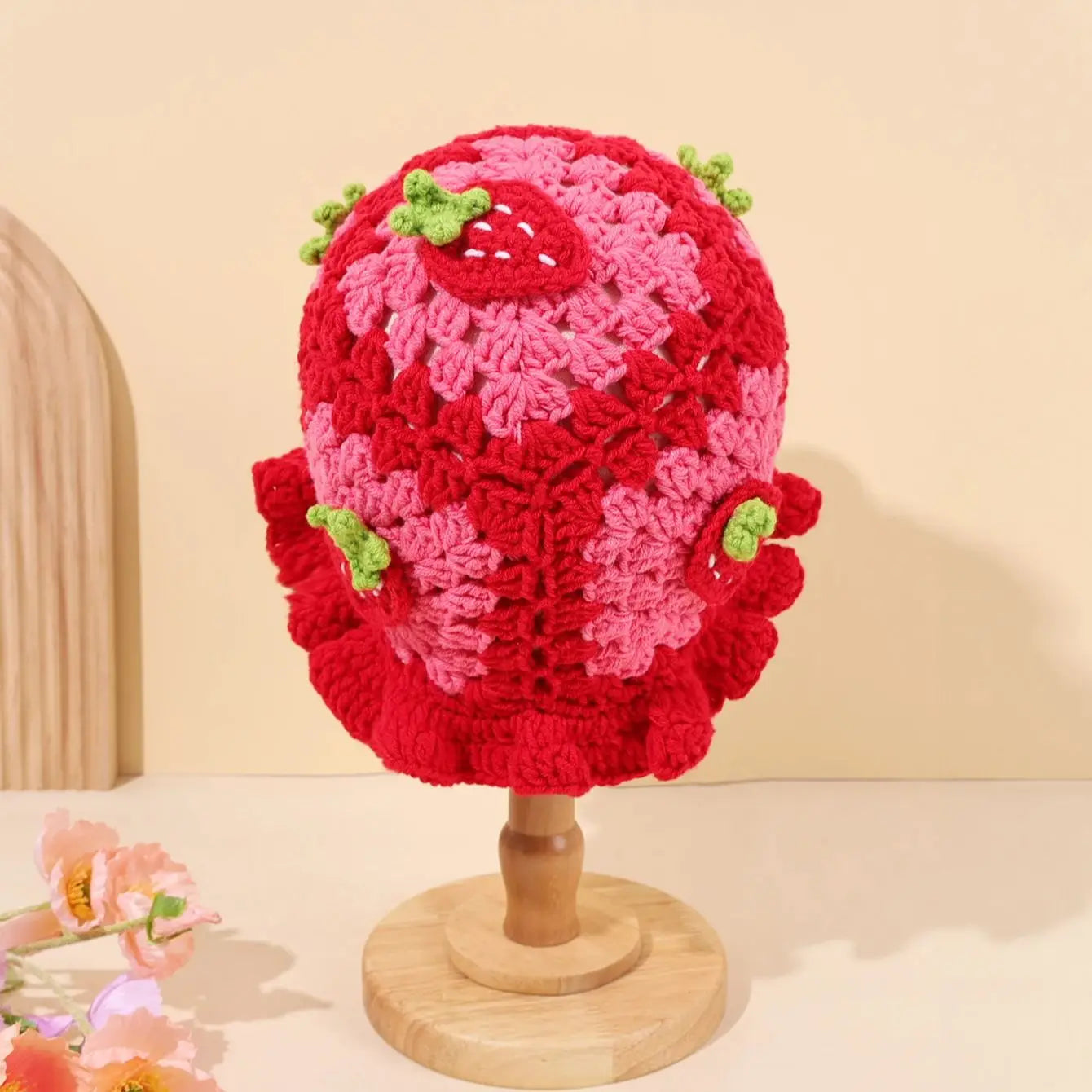 Women Strawberry Embroidery Wool Bucket Hat