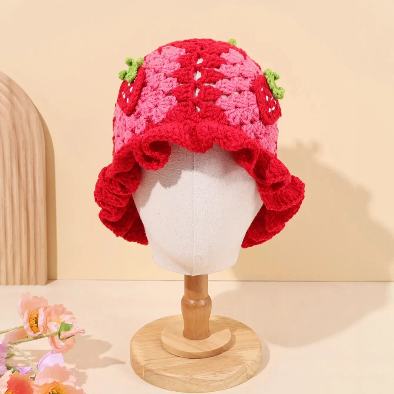 Women Strawberry Embroidery Wool Bucket Hat