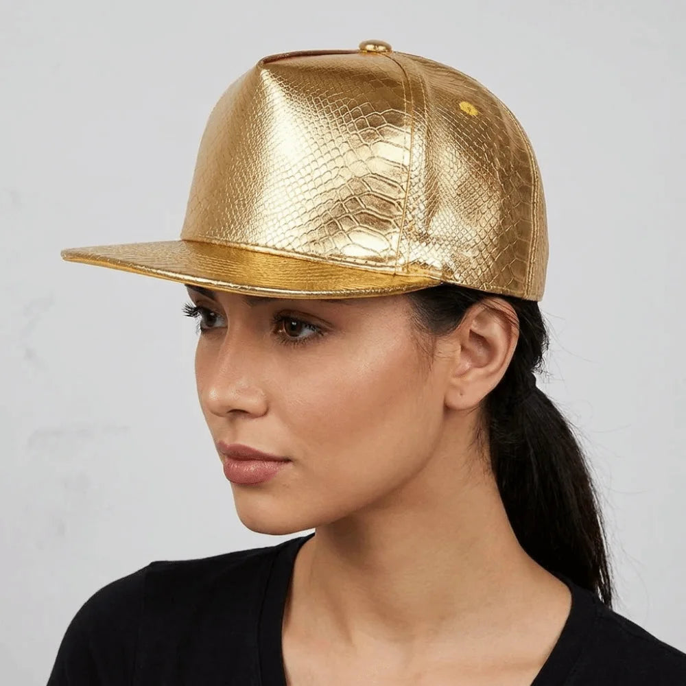 PU Leather Flat Brim Street Dance Snapback Cap