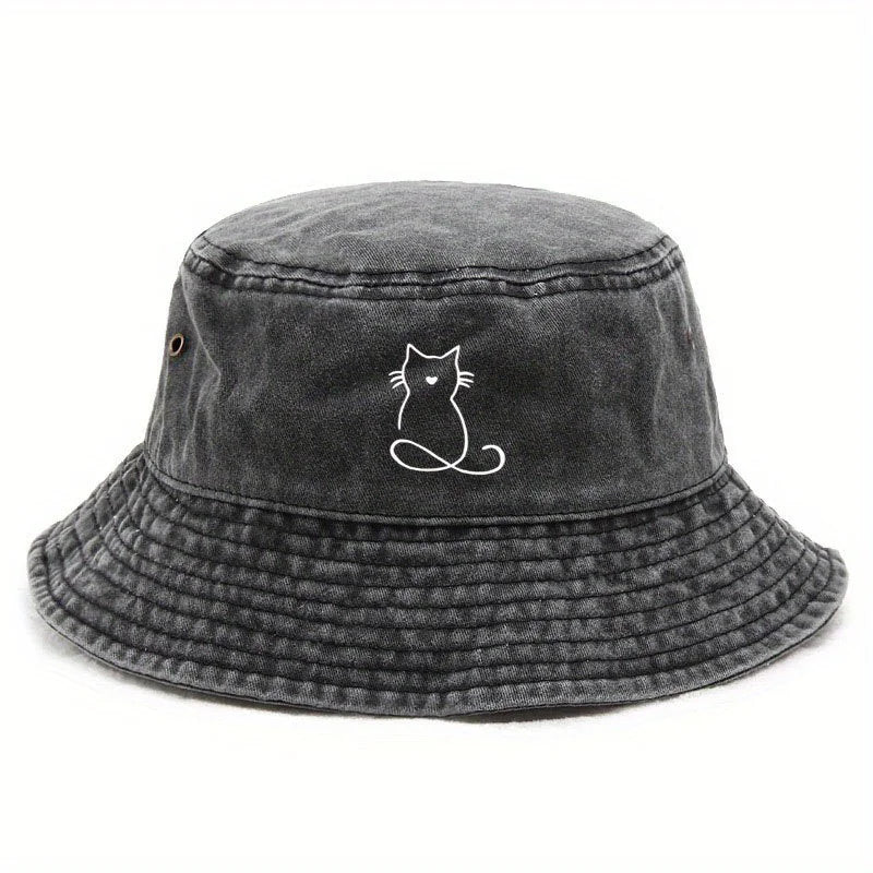 Wide Brim Cat Print Bucket Hat
