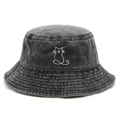 Wide Brim Cat Print Bucket Hat