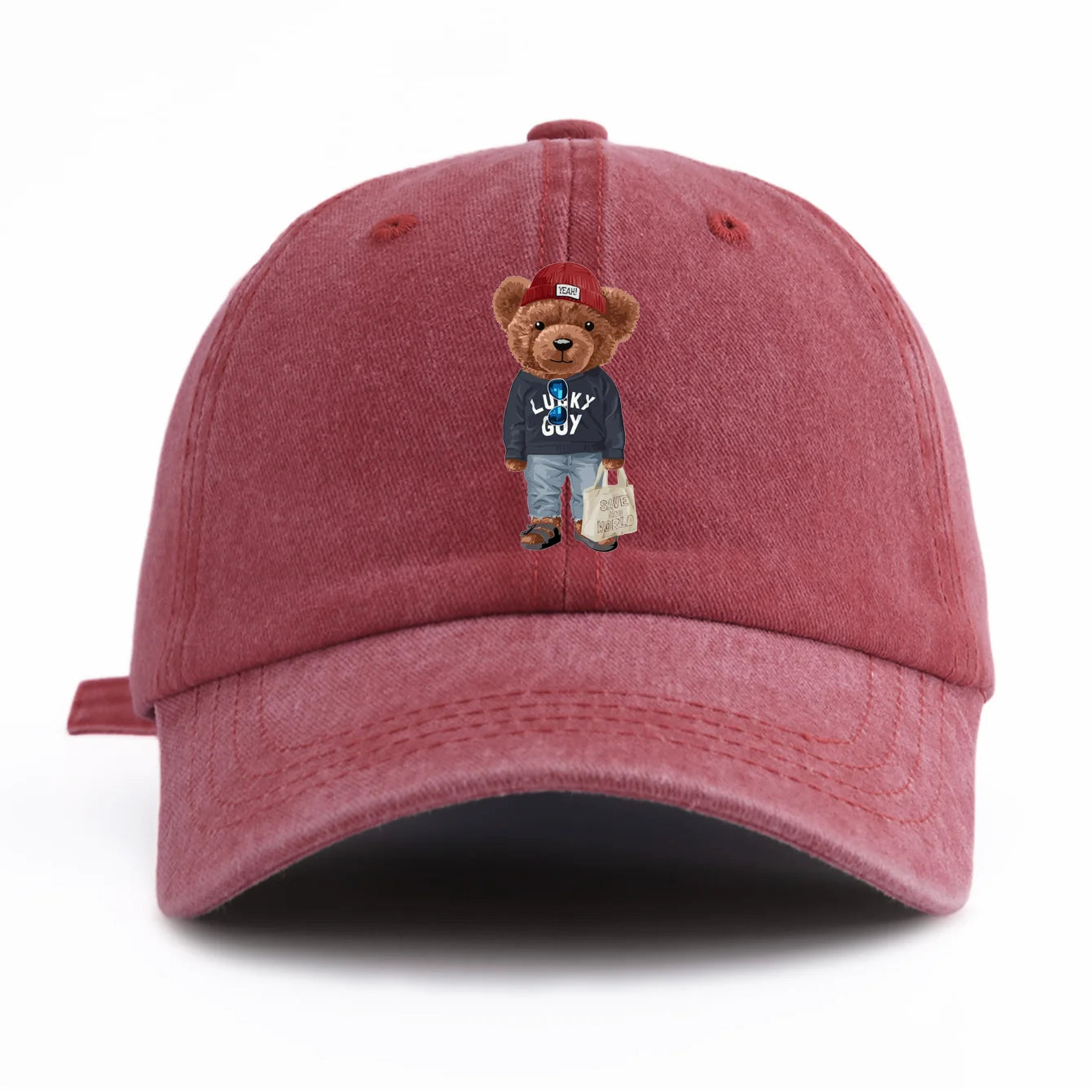 1pc Tote Bag Bear Print Washed Baseball Cap For Adults Minimalist Retro Style Casual Soft Adjustable Dad Hat Perfect As Gift