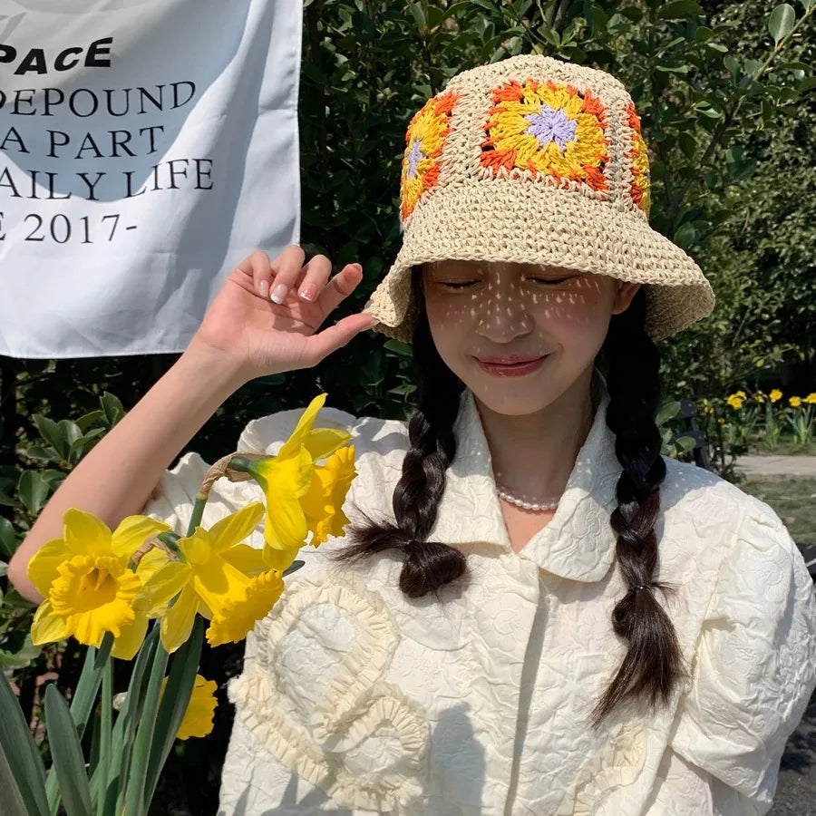 Women Foldable Straw Crochet Flower Bucket Hat