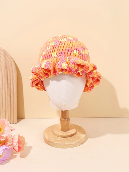 Women Vintage Orange Pink Woven Straw Bucket Hat